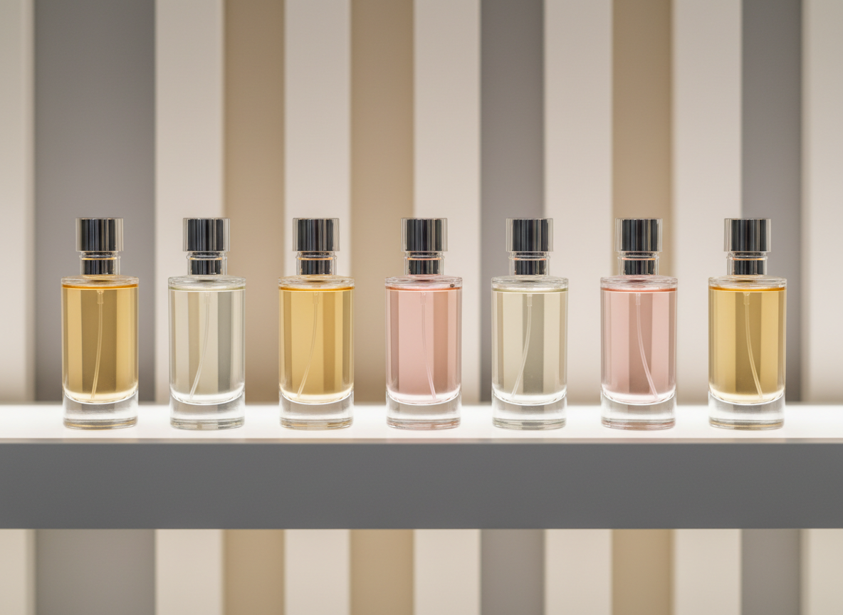 A row of immaculate, unbranded perfume tester bottles filled with different shades of pale gold, blush, and champagne liquid, arranged with precise spacing on a slender, matte white shelf. Behind them, a softly blurred background of vertical panels in muted cream and warm grey creates a gentle rhythm without distraction. A narrow beam of soft, warm light from above and slightly behind the bottles creates a luminous glow through the liquids and subtle reflections along the shelf edge. Photographed at eye level with a long focal length for compressed perspective, the scene feels curated, modern, and quietly opulent, suggesting a sophisticated online gallery of carefully selected luxury perfume brands.